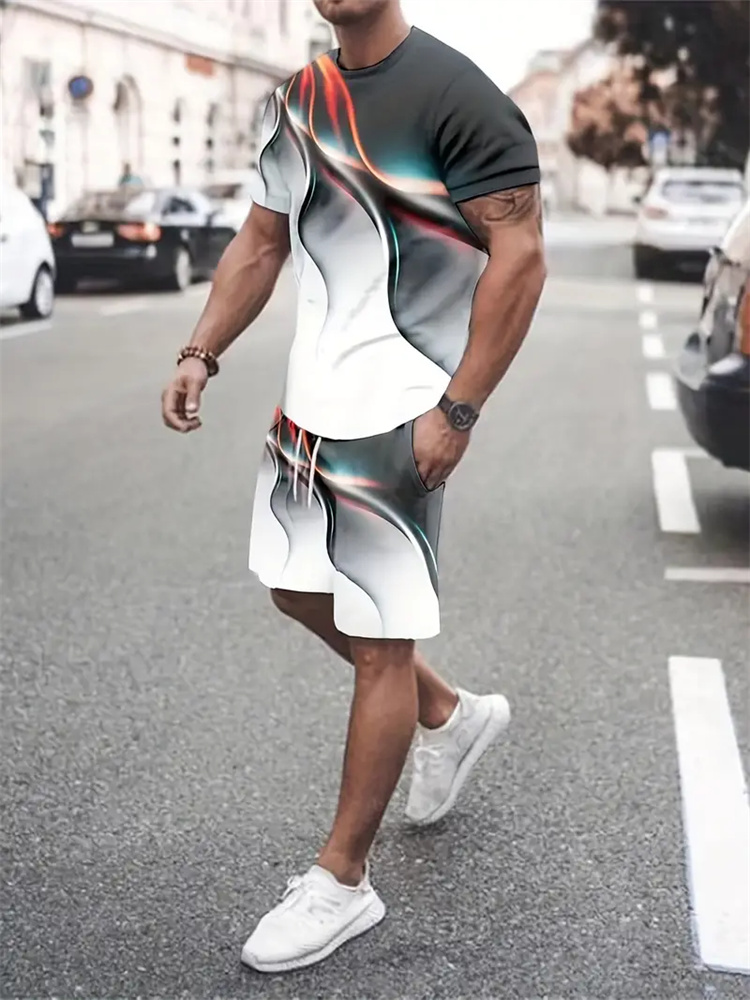 Women And Men Fashion - Men Women Gradient Texture T-shirt Two-piece