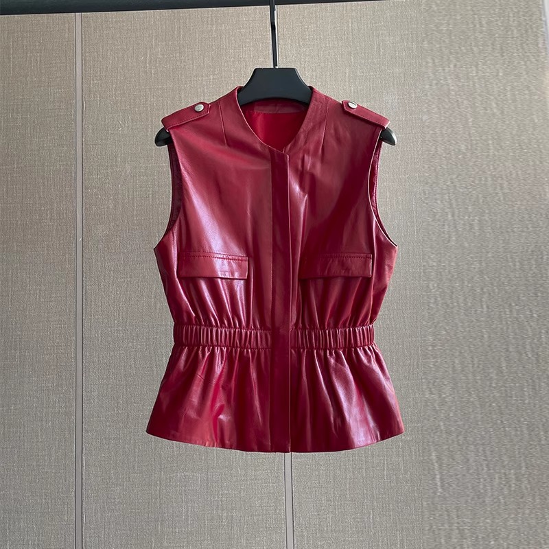 Women'S Fashion Leather Jacket - Women's Red Genuine Leather Vest Slim