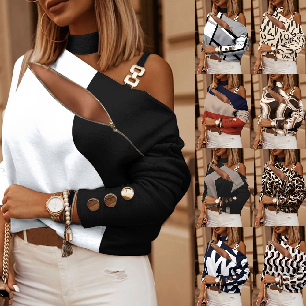 Women'S Fashion Tops - Women's Off Shoulder Blouse with Button