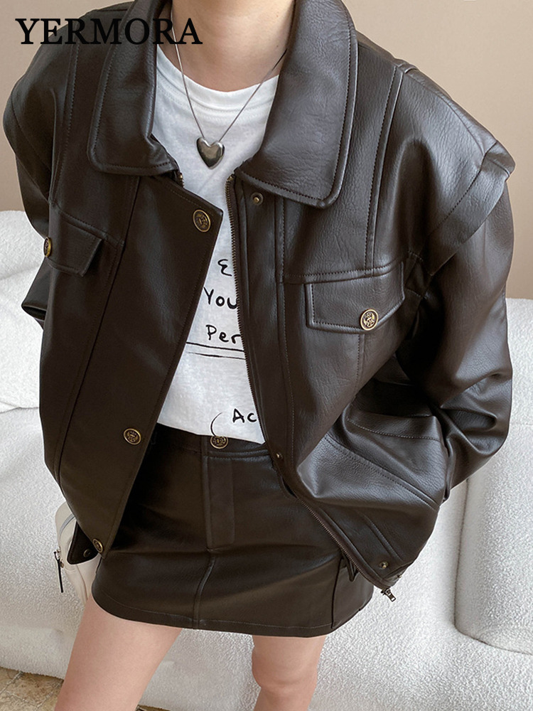 Women'S Fashion Leather Jacket - YERMORA Women Coffee PU Leather Vintage