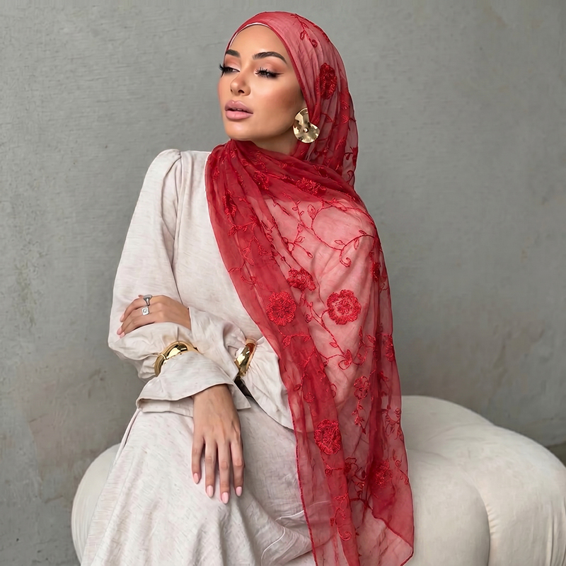 Women Fashion Wear - Floral Embroidery Muslim Hijab Sheer Scarf