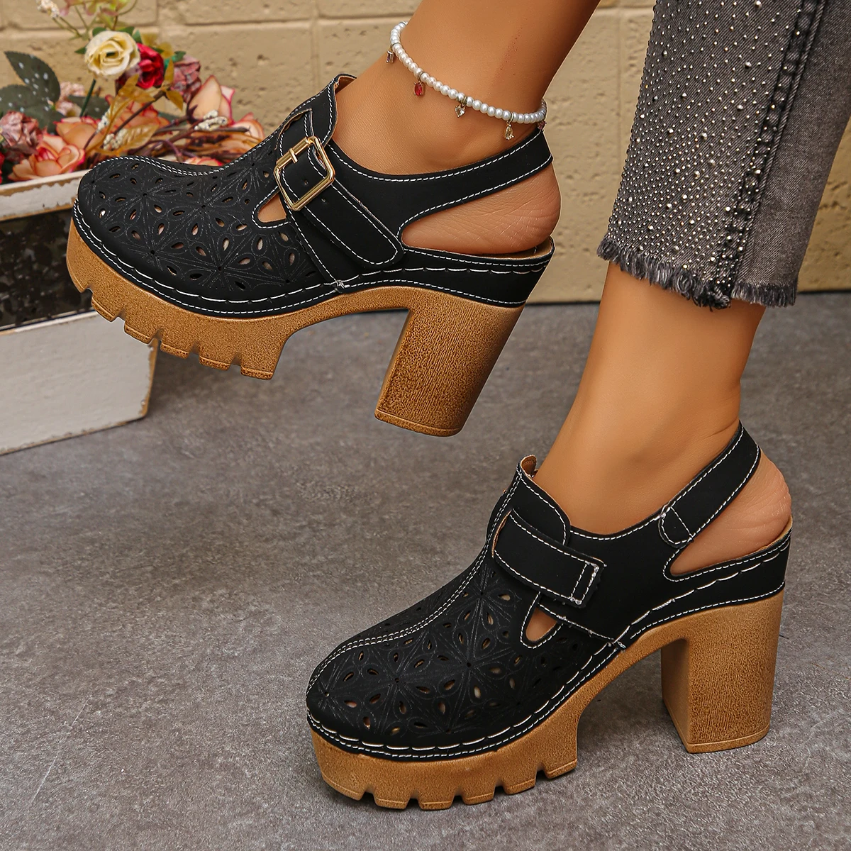 Women'S Fashion Visor - Large Size Women's Thick Heel Sandals