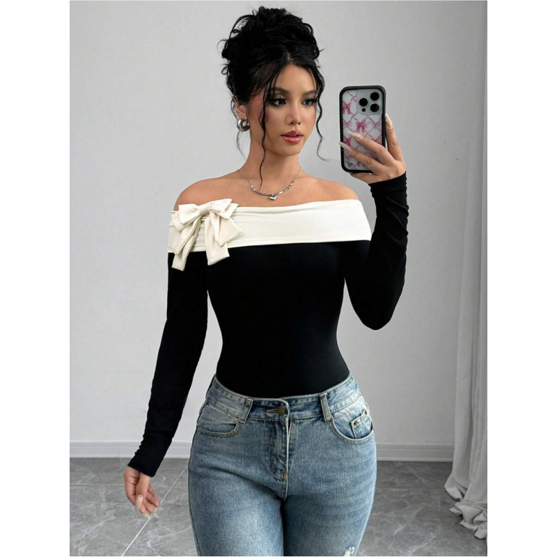 Women Fashion Wear - Bowknot Decor Off Shoulder Bodysuit |
