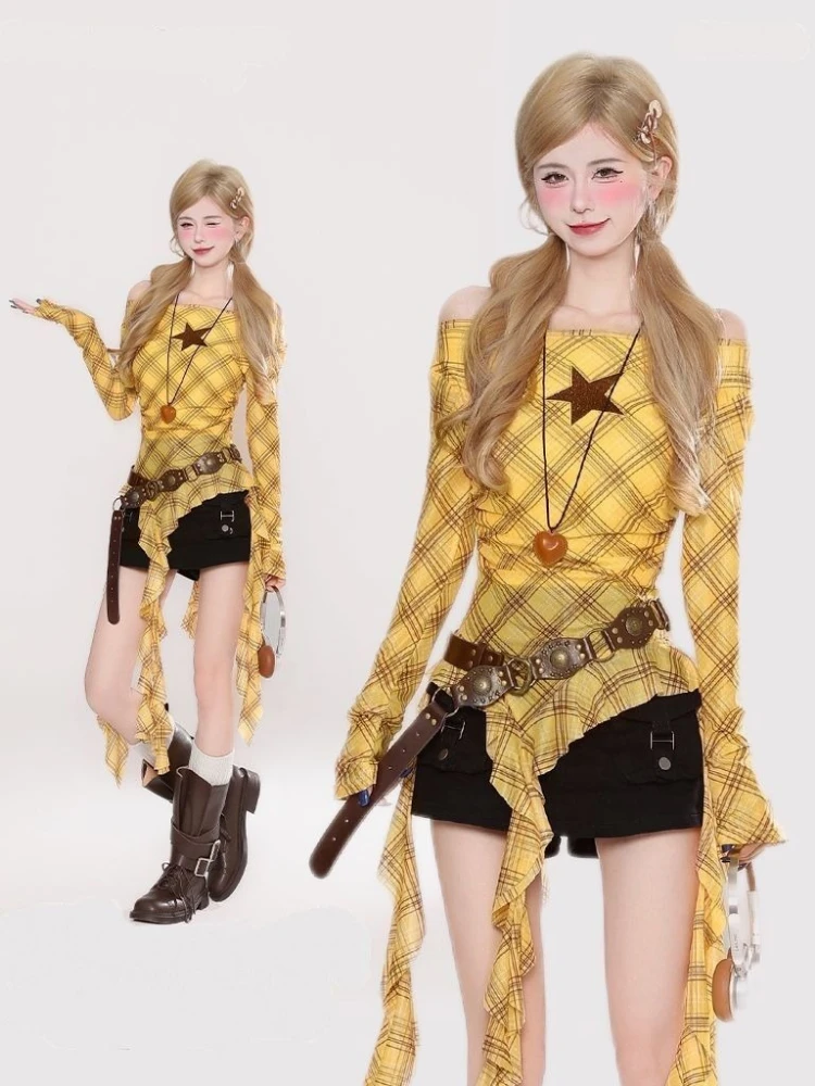Y2K Plaid Slash Neck Vintage T - Women'S Fashion Tops recension och pris