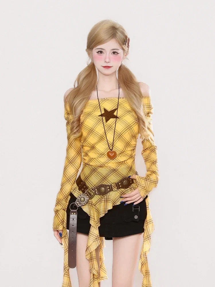 Y2K Plaid Slash Neck Vintage T - Women'S Fashion Tops recension och pris