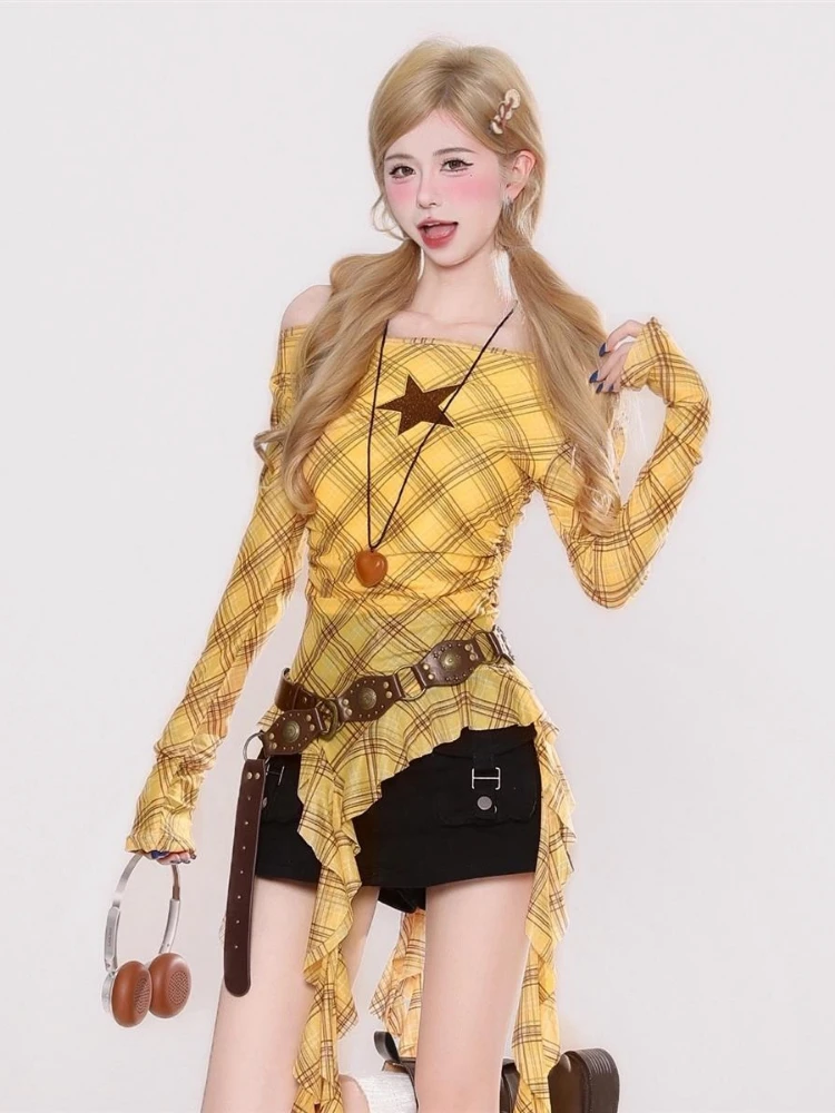 Y2K Plaid Slash Neck Vintage T - Women'S Fashion Tops recension och pris
