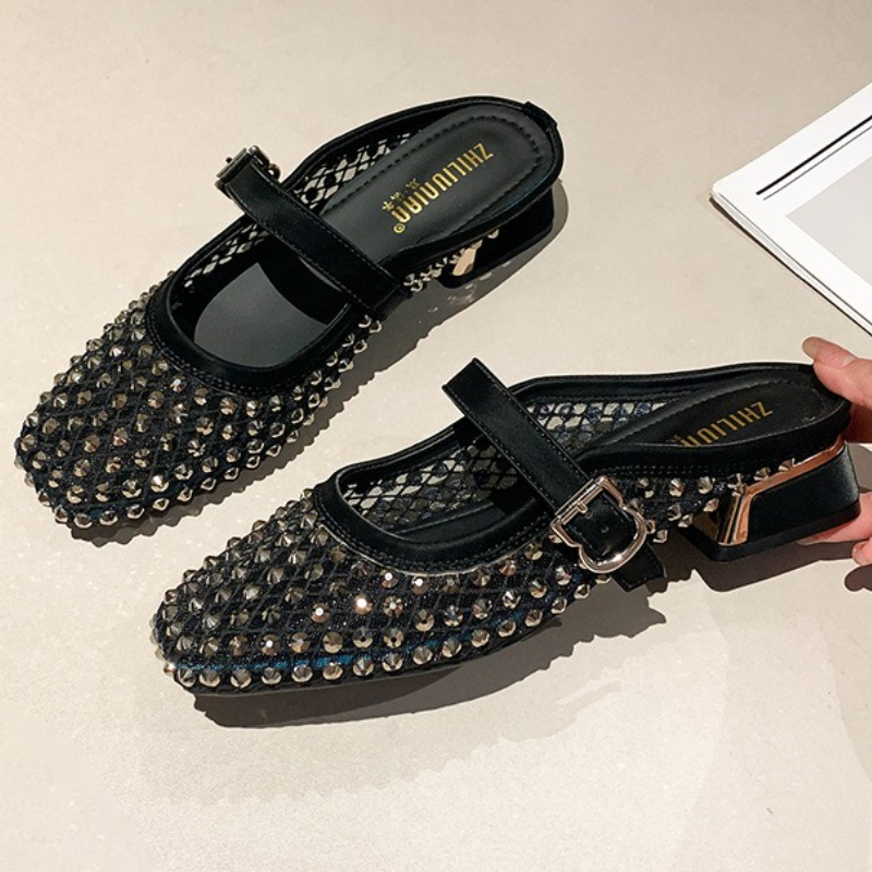 Mesh Rhinestone Chunky Heel Mu - Women'S Fashion Sandals recension och pris