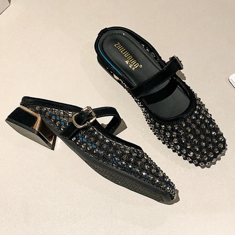 Mesh Rhinestone Chunky Heel Mu - Women'S Fashion Sandals recension och pris
